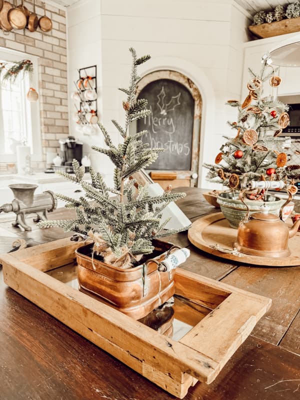 Mini-trees decorated with dried orange slices for a curated cottage core style of Christmas Decorating.  