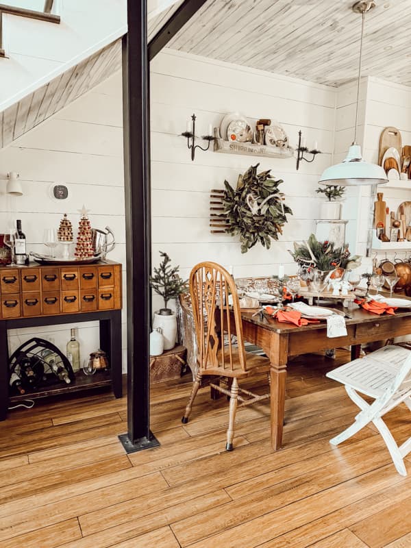 Curated Home Tour Dining Room with Antique Farmhouse Dining table and card catalog wine bar.