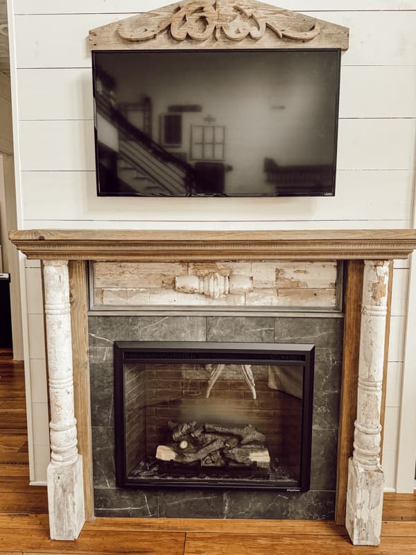 Faux Fireplace Mantel for modern farmhouse.  Authentic looking shabby chic design. With TV and architectural elements.