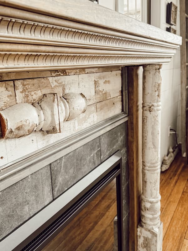 Architectural salvage materials to make a Shabby Chic DIY Mantel look like an old farmhouse mantel