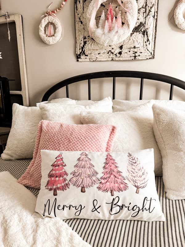 Merry and Bright Christmas Tree Pillow cover with fluffy snowy white pillow