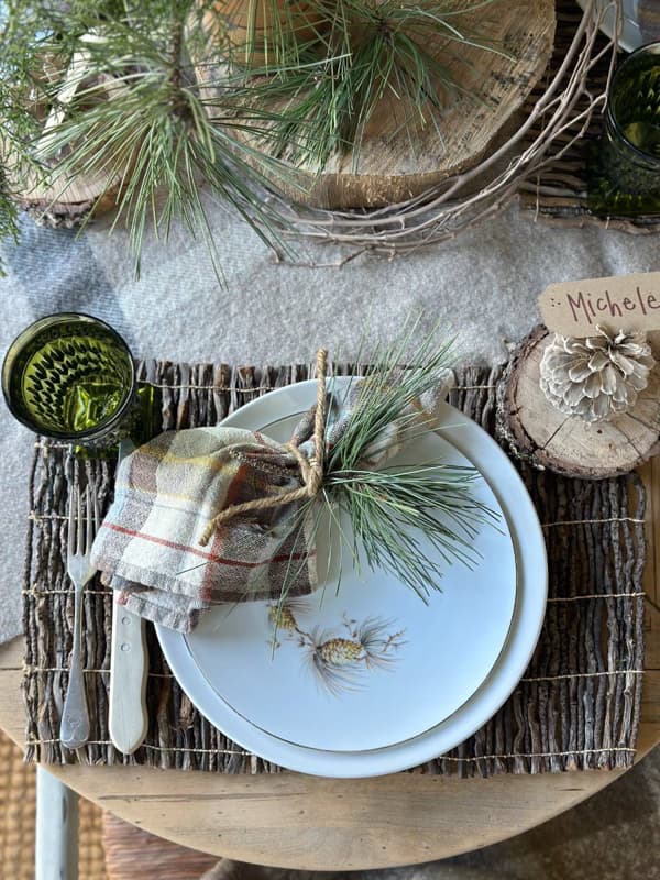 Rustic Cabin Inspired Christmas Table setting by Michele.