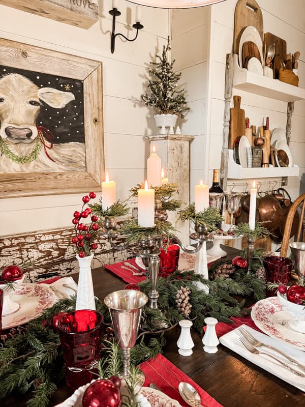 Christmas Tablescape for Farmhouse Decor Ideas with red and white tableware. Amazing Christmas Decorating Ideas