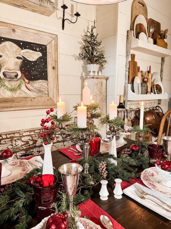 Farmhouse Christmas tablescape with vintage milk glass. Christmas tablescape.