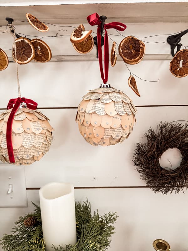 DIY Dollar Tree Craft - upgrade inexpensive big ball ornaments by using recycled paper.