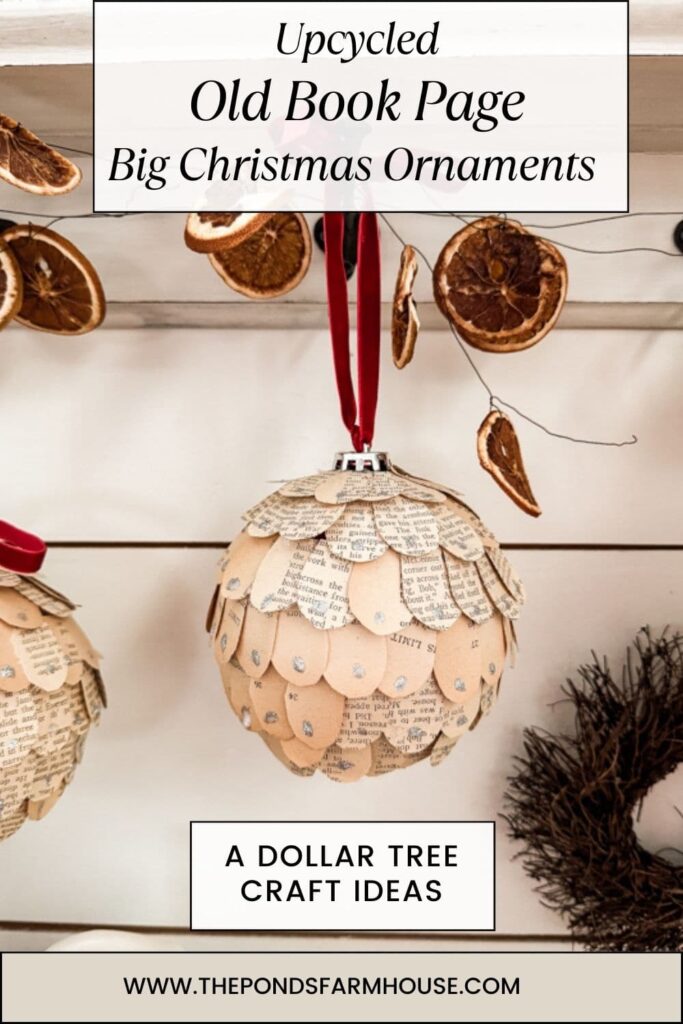 Upcycled Old Book Big Christmas Ornament from Dollar Tree for budget-friendly high-end Farmhouse decor.