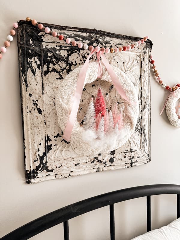 Pink Christmas Wreath with cheap dollar tree pink bottle brush trees and wire wreath frames.  