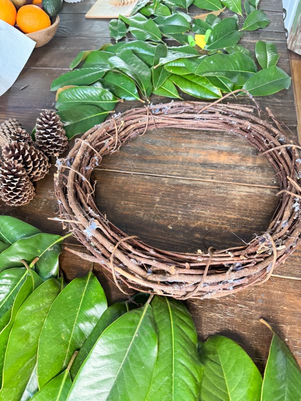 Recycled Grapevine wreath with magnolia leaves and pinecones