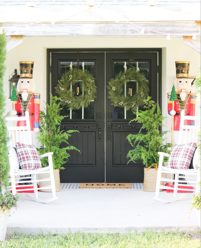 French Front Doors decorated with evergreen wreaths