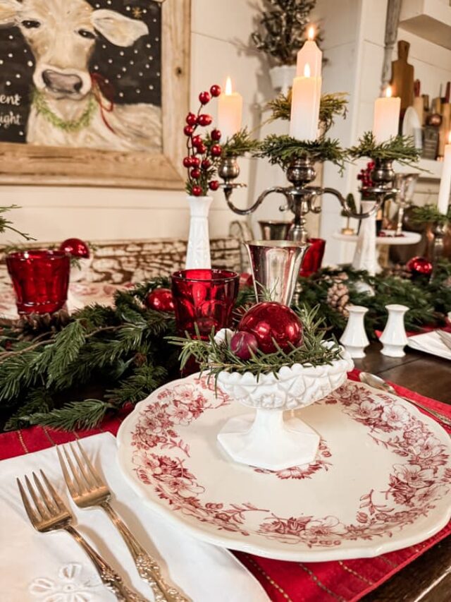 vintage milk glass, silver goblets, silver candle holder and transferware for a Christmas Tablescape.