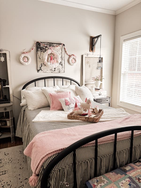 Pink Christmas Decorations in Guest Bedroom with Antiques, Vintage Decor and DIY project.