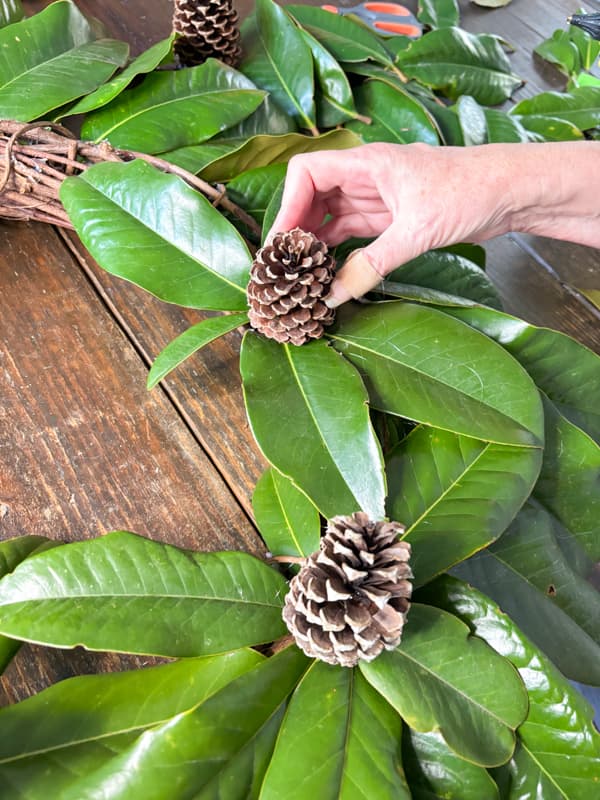Add pinecones to center of the magnolia leaves to make a flower for a Deer Antler Christmas Wreath with natural elements.