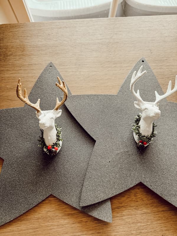 Glam up Large Christmas Ornaments made with Budget Dollar Tree Supplies.  Christmas Reindeer Ornament on a wooden star