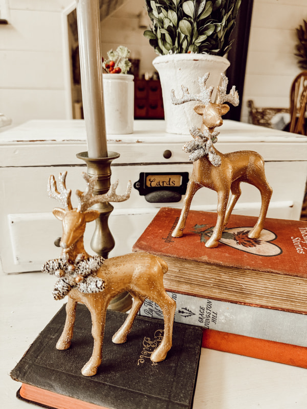 Glam up budget Dollar Tree items for  Christmas Reindeer with gold paint and glitter for DIY high-end Reindeer Christmas Decor.