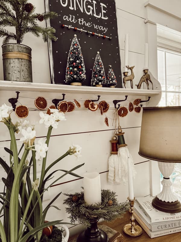 Shelf with brass reindeer, bottle brush trees and dried orange garland.  Vintage Milk Glass Lamp and forced paperwhites.  