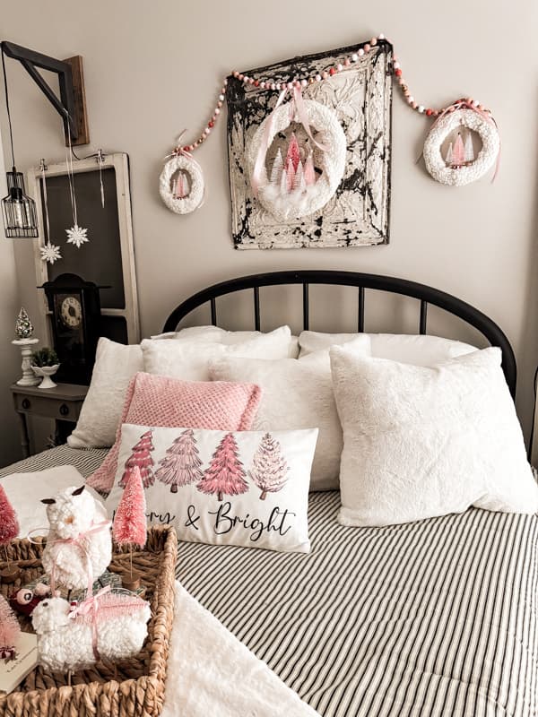 Pink Christmas Decorating with DIY Pink Bottle Brush Tree Wreaths, snowy pillow and DIY Christmas Sheep