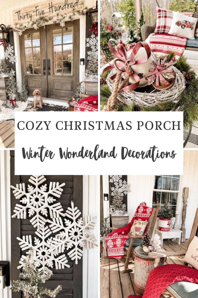 Cozy Country Christmas Porch with winter wonderland decorations for a Farmhouse Country Christmas