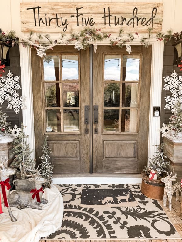 Cozy Christmas Porch with Winter Wonderland decorations for a Farmhouse Country Christmas