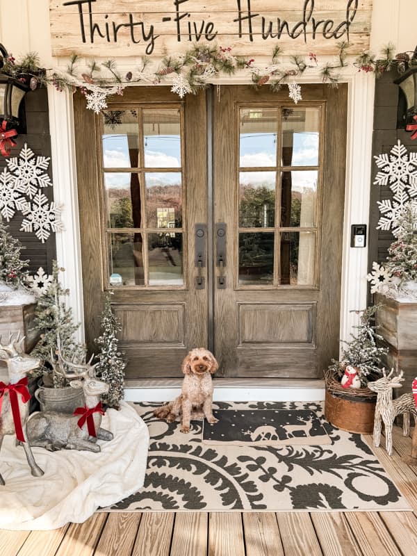 Address sign over french doors for a cozy Christmas porch decorated with snowflakes, flocked trees and reindeer. 