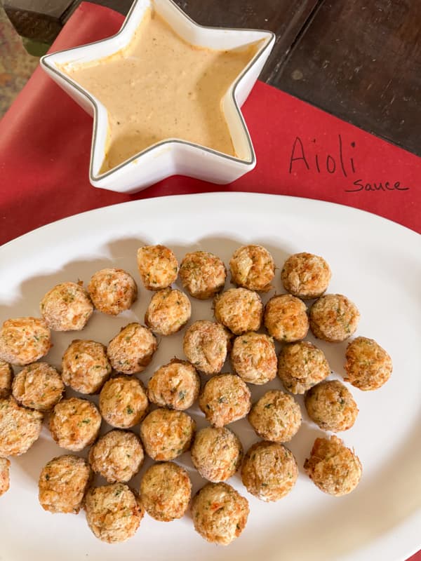 Crab Cakes with Aioli Sauce for a Seafood Charcuterie Board party Ideas.  