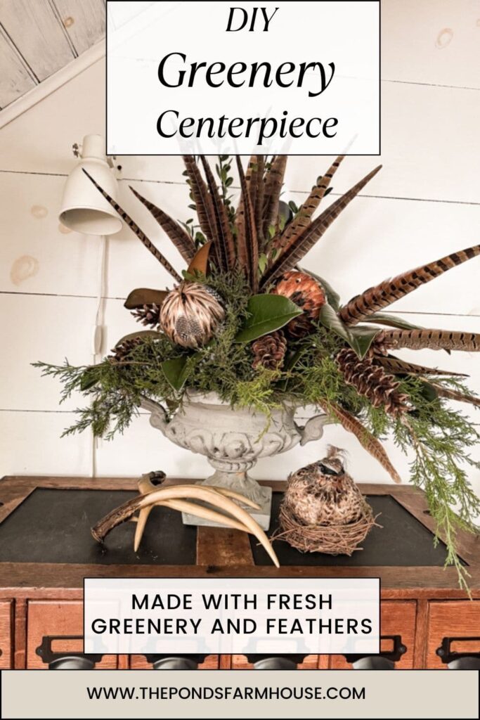 Greenery Centerpiece For Christmas with Feathers and Pinecones, Cedar, Magnolia, and Boxwood.  