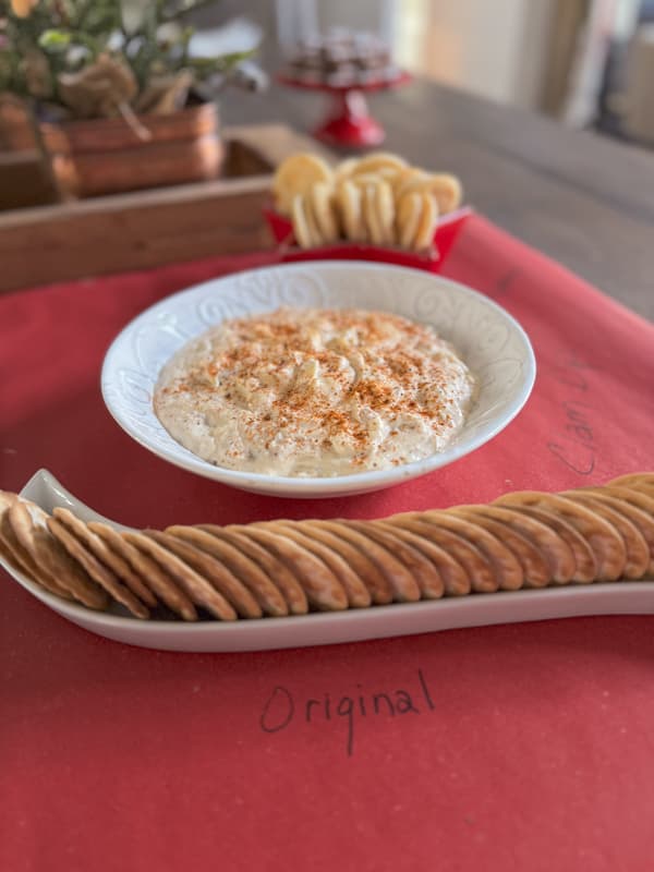 Easy Creamy Clam Dip with cracker for a party appetizer with only 4 ingredients.  