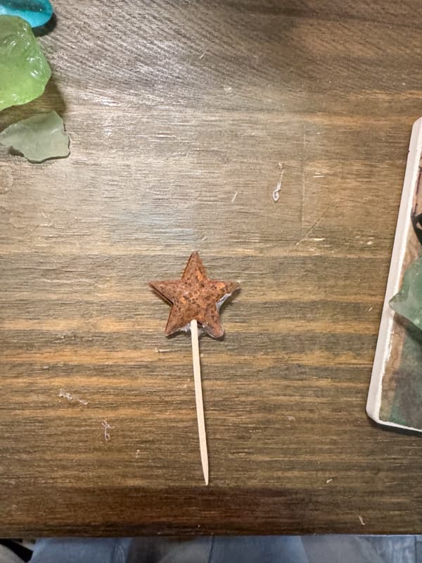 metal star attached to toothpick with hot glue.