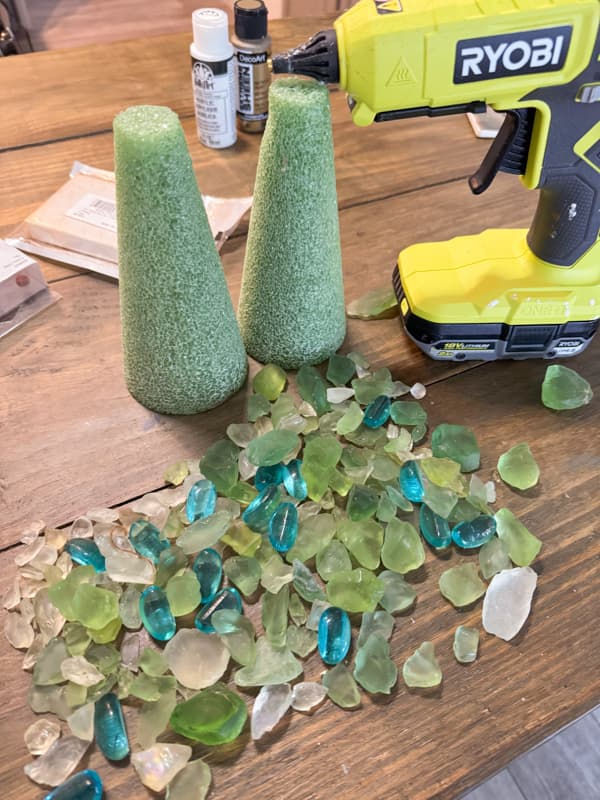 Supplies for DIY Christmas Craft with sea glass. 