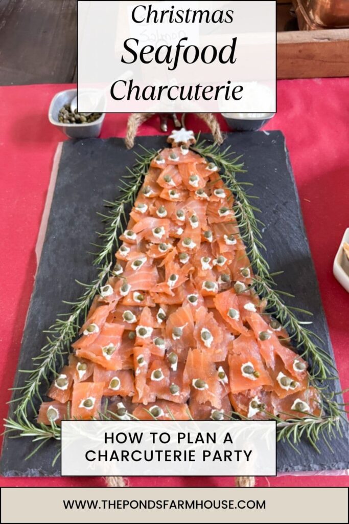 Christmas Charcuterie Board Ideas with smoked salmon shaped like a Christmas Tree, cream cheese and capers.