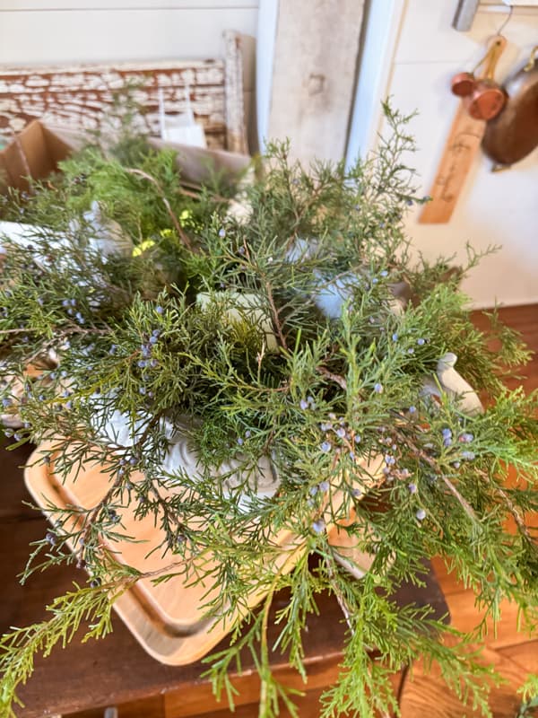 Completely circle the top of the urn with live cedar draping over the edges.  