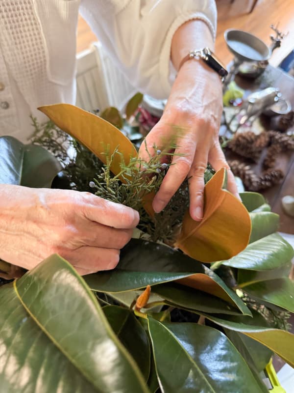 Add more cedar to fill in the Greenery Centerpiece Ideas.  Rustic Chic Table Centerpiece