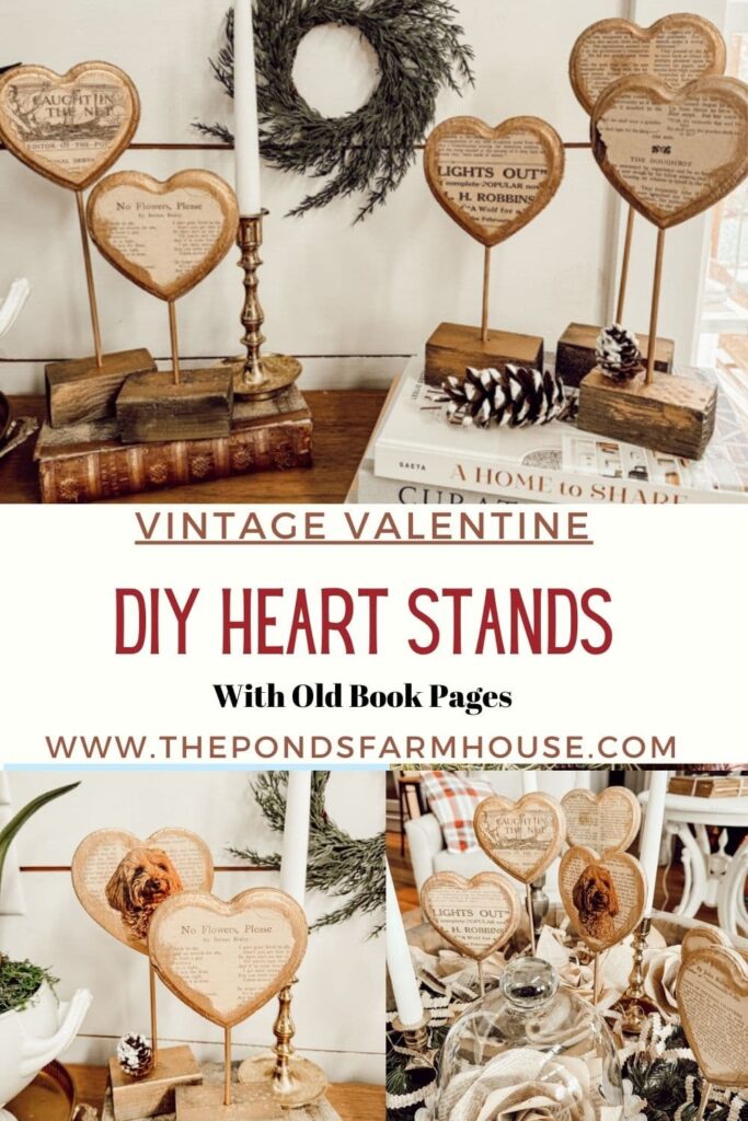 Vintage Valentine DIY Heart Stands with Old Book Pages and Dollar Tree Hearts for a Budget Craft Idea. 