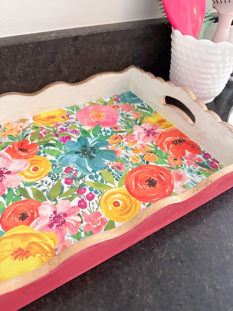 Anthropologie Dupe Decorative Tray with splashy floral paper, gold trim and pink paint.