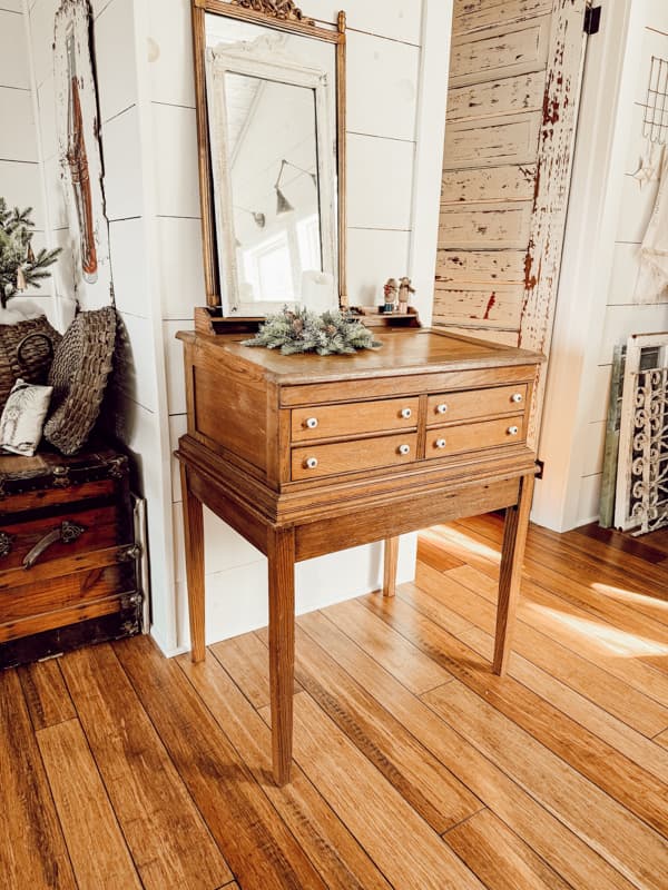 Thrift Store Find Antique Shop Desk in solid wood decorating with old furniture in farmhouse loft