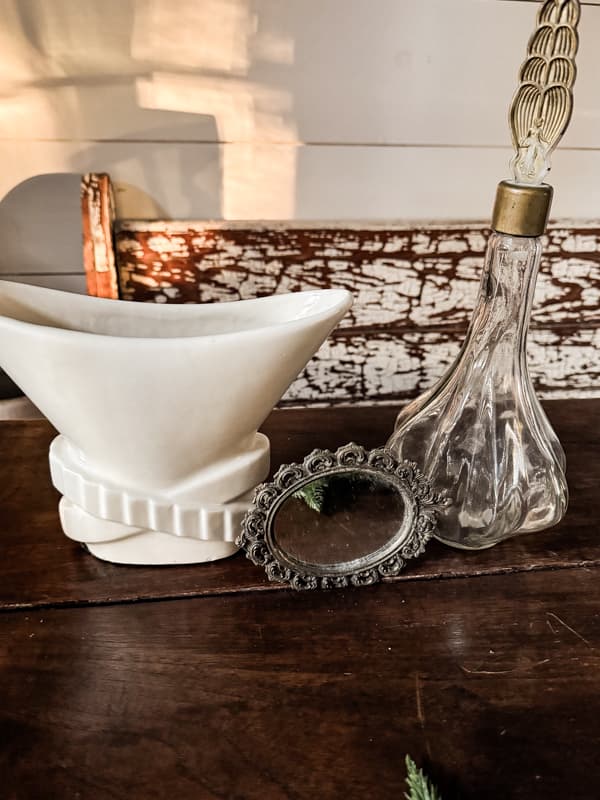 Thrift Store Finds - vintage planter, unique decanter bottle and mini antique mirror.  