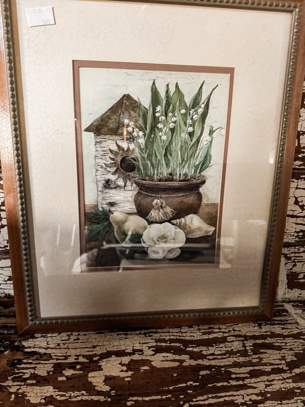 Thrift Store Find - Garden Art Print professionally frame on chippy church pew.  