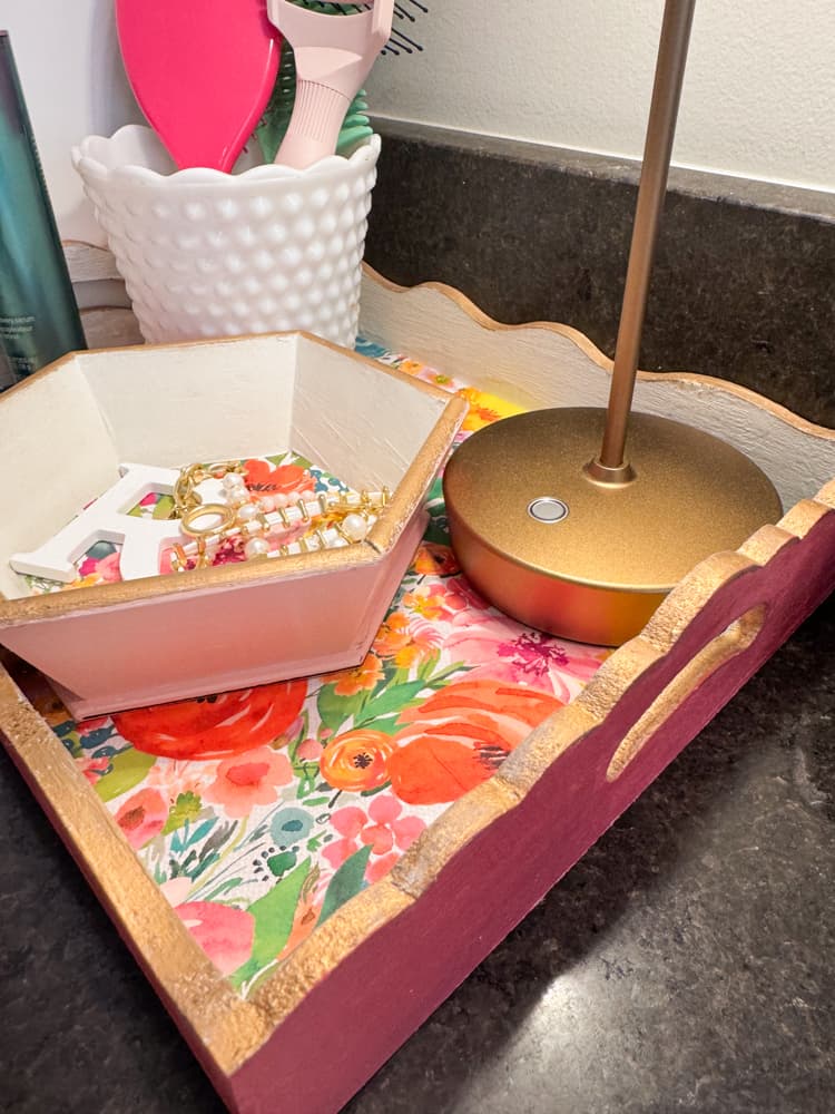 Anthropologie Hack with decorative paper and bright paint colors for a fun decorrative tray.  