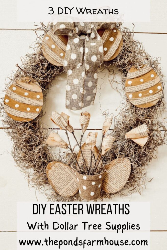 DIY Easter Wreths with Old book pages and Wooden Easter Eggs and paper flowers