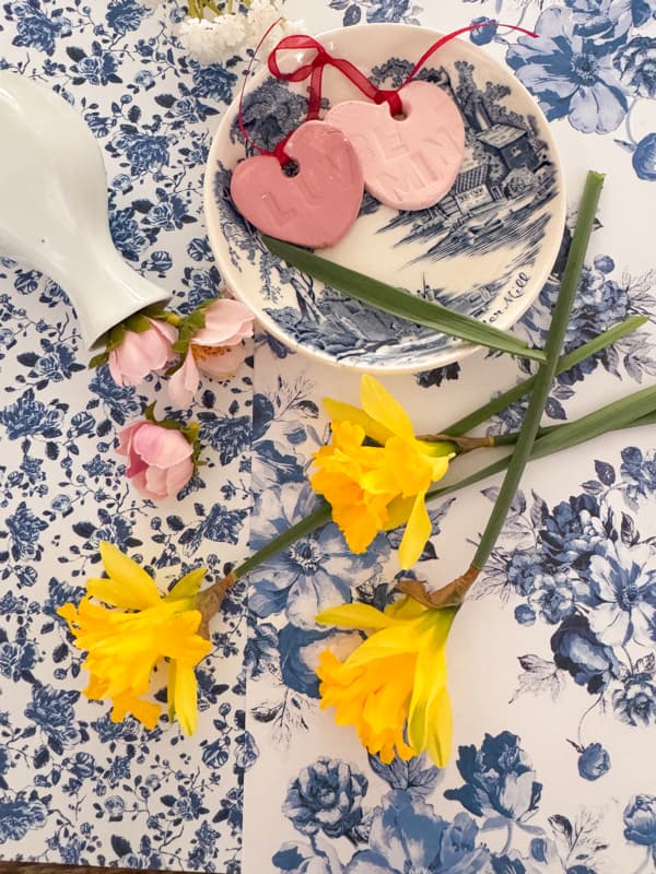 Hearts and flowers with blue and white.  