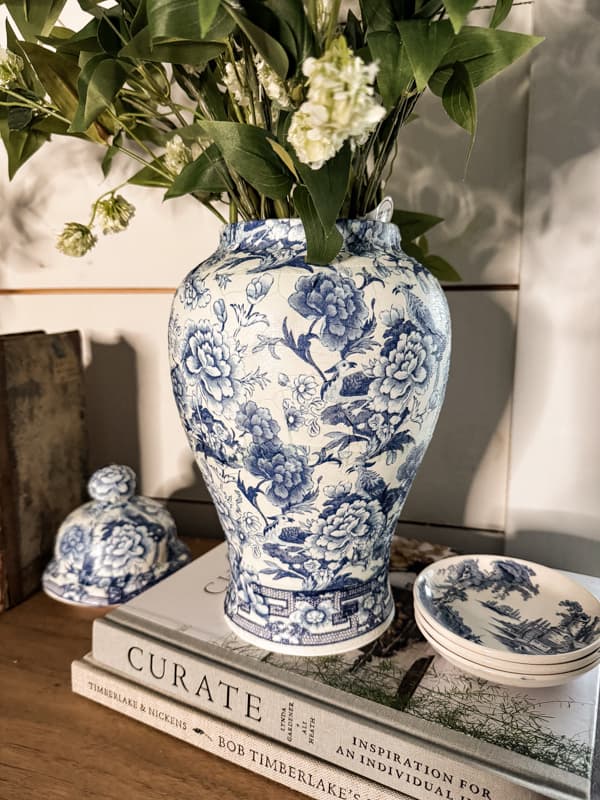 DIY Ginger Jar Makeover with blue and white napkin decoupage