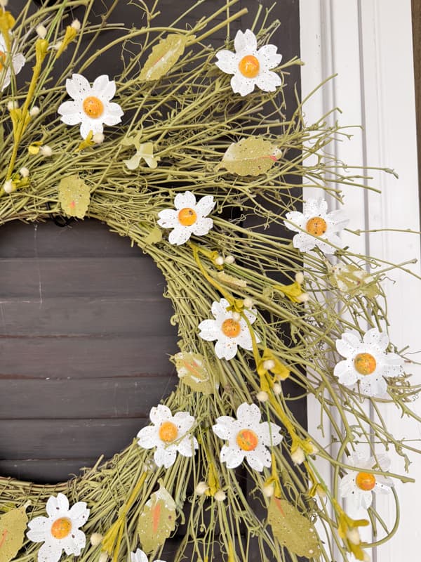 Close up of Spring Wreath for Spring Front Porch update.  Farmhouse style DIY Wreath.