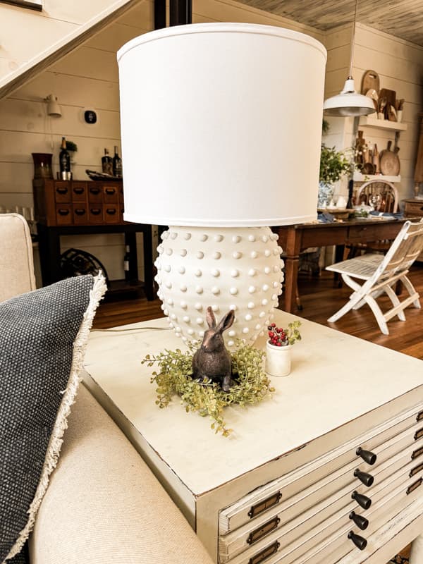 DIY Hobnail inspired Thrift Store Lamp Transformation with copper Easter Bunny for Spring Decorating.
