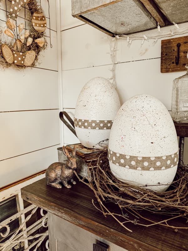 Dollar Tree Large Easter Eggs Rustic DIY Speckled Easter Eggs for a charming vignette with grapevine and bunny,