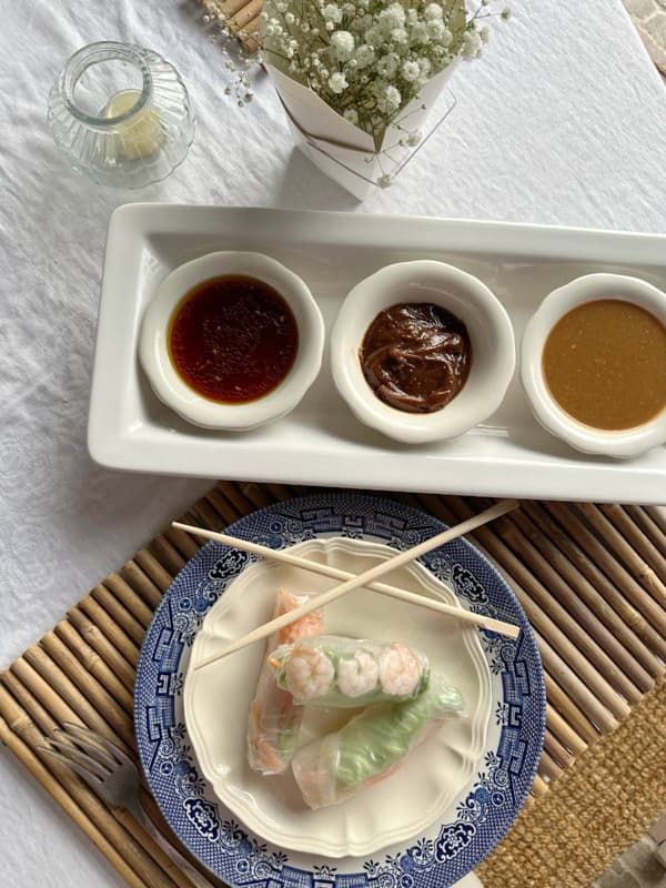 Chinese Recipe for Supper Club Appetizer -Easy Asian Spring Rolls with Peanut Hoisin Dipping Sauce