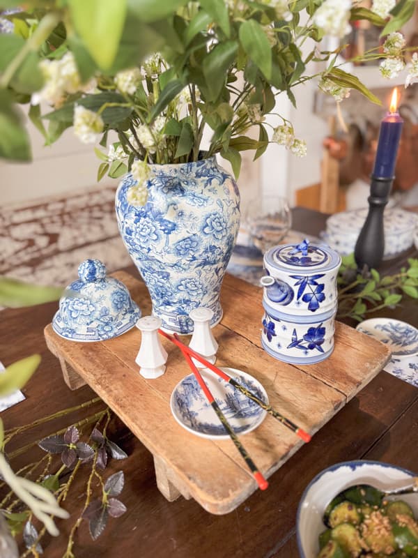 DIY Paper Napkin Decoupage Thrifted Ginger Jar in Chinoiserie Blue and White Inspired design.  