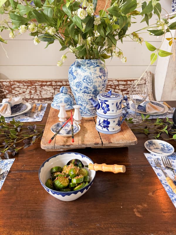 Blue and White Chinoiserie Centerpiece with Thrifted ginger jar upcycled with napkin decoupage.  