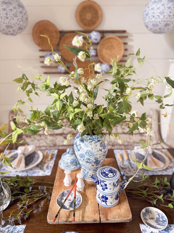 Blue and White Chinoiserie Style Napkin Decoupage Vase on A Chinese inspired Supper Club Tablescape. 