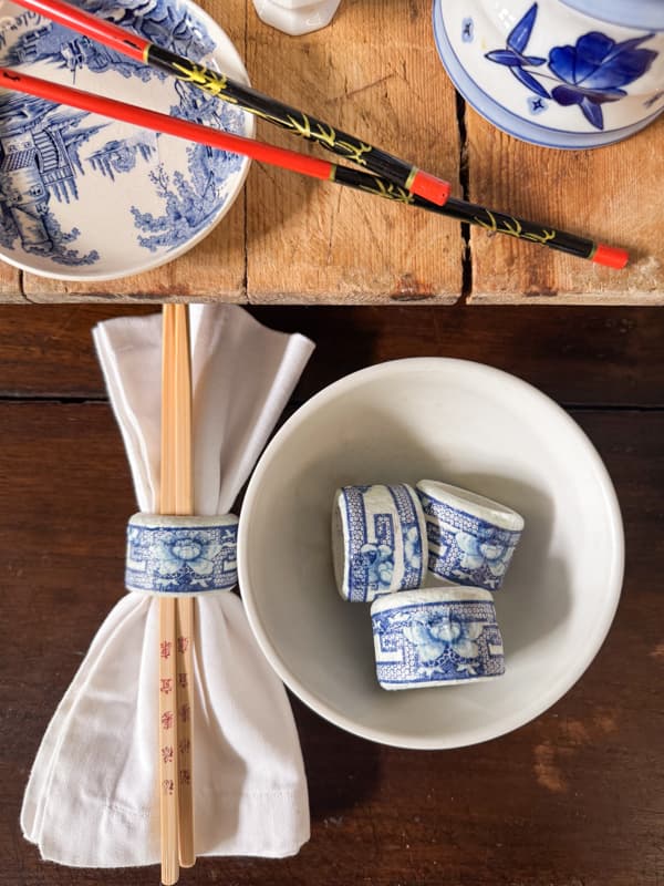 Amazing Thrift Store Napkin Ring Makeover with blue and white napkin decoupage.  