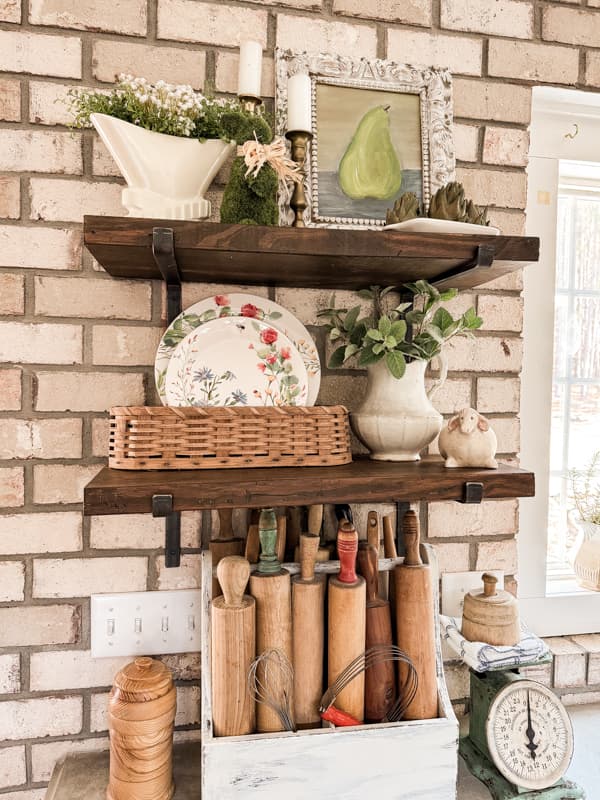 DIY open shelving in modern farmhouse kitchen for Spring Tour.  Vintage Decorating Ideas with Thrift Store finds.