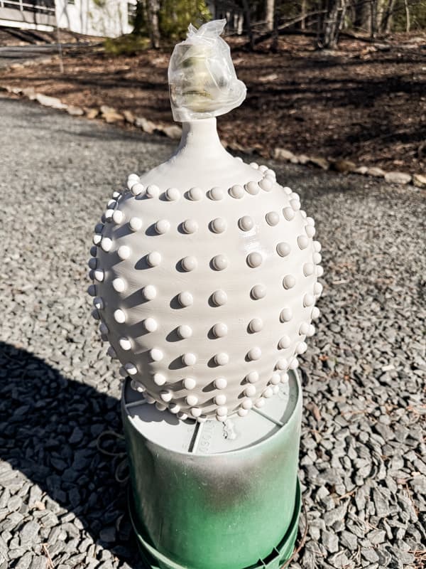 Painted hobnail milk glass inspired upcycled lamp similar to Ballard Designs.